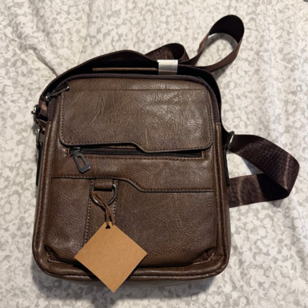 Faux Leather Messenger Shoulder Crossbody Bag For Men Dark Brown